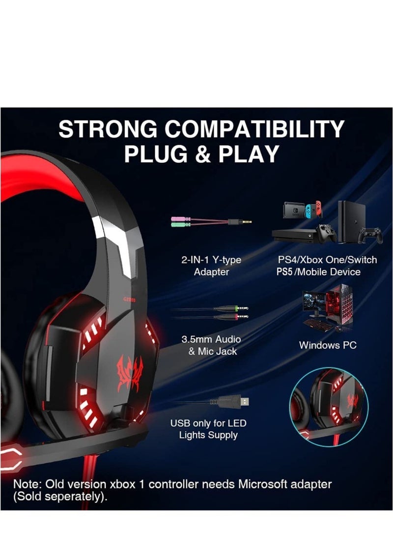 G2000 Gaming Headset, Surround Stereo Gaming Headphones with Noise Cancelling Mic, LED Light & Soft Memory Earmuffs, Works with Xbox One, PS4, Nintendo Switch, PC Mac Computer Games - Red