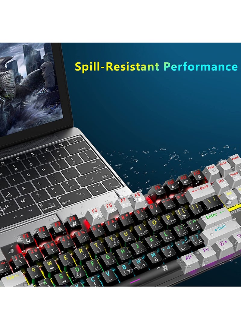 English Arabic Mechanical Gaming Keyboard with RGB LED Rainbow Backlit Quick Response USB Wired E-sport Waterproof 87 Keys Keyboard for Windows/MacOS/Android PC Gamers