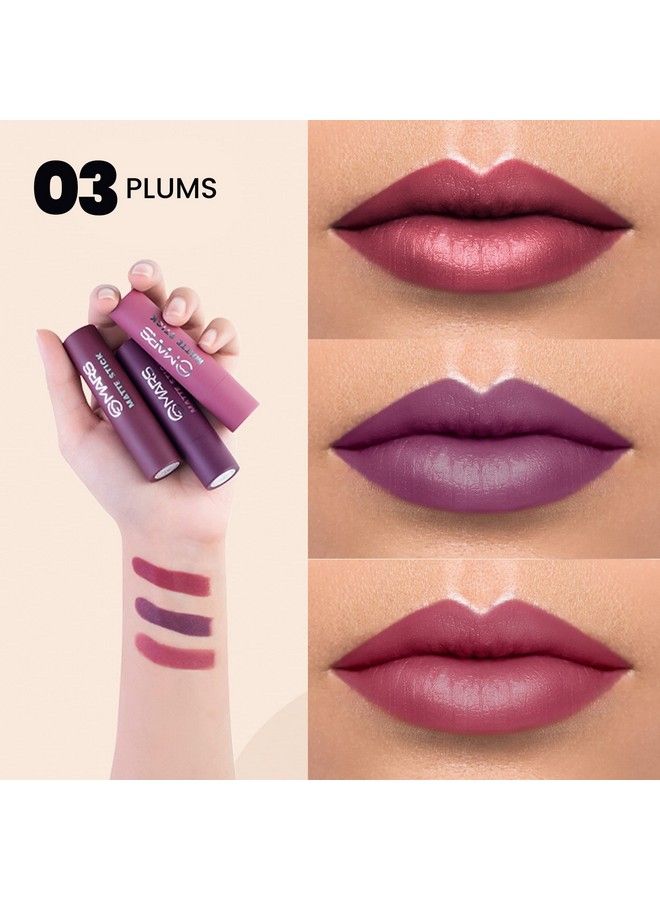 Matte Box Set Of 3 Lipsticks For Women ; Long Lasting ; Moisturising ; One Swipe Pigmentation (3X3.2 Gm) (03Plum)