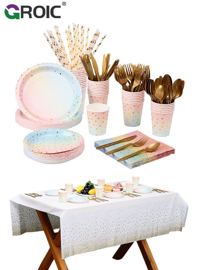 200 PCS Pink and Gold-Pastel Party Supplies,Disposable Party Dinnerware Include Paper Party Plates, Cups, Napkins, Straw,Forks Knives Spoon,Party Supplies