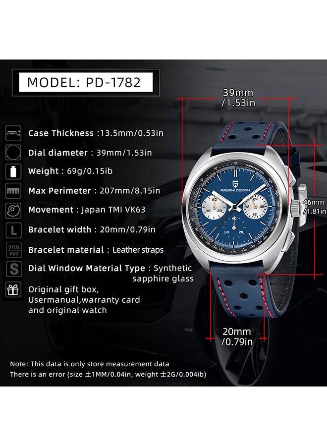 Men's Watch Casual Analog Men's Watch Chronograph VK63 Movement Sapphire Mirror 100M Water Resistant Stainless Steel Watch-Blue Leather