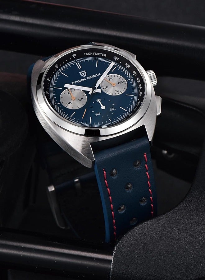 Men's Watch Casual Analog Men's Watch Chronograph VK63 Movement Sapphire Mirror 100M Water Resistant Stainless Steel Watch-Blue Leather