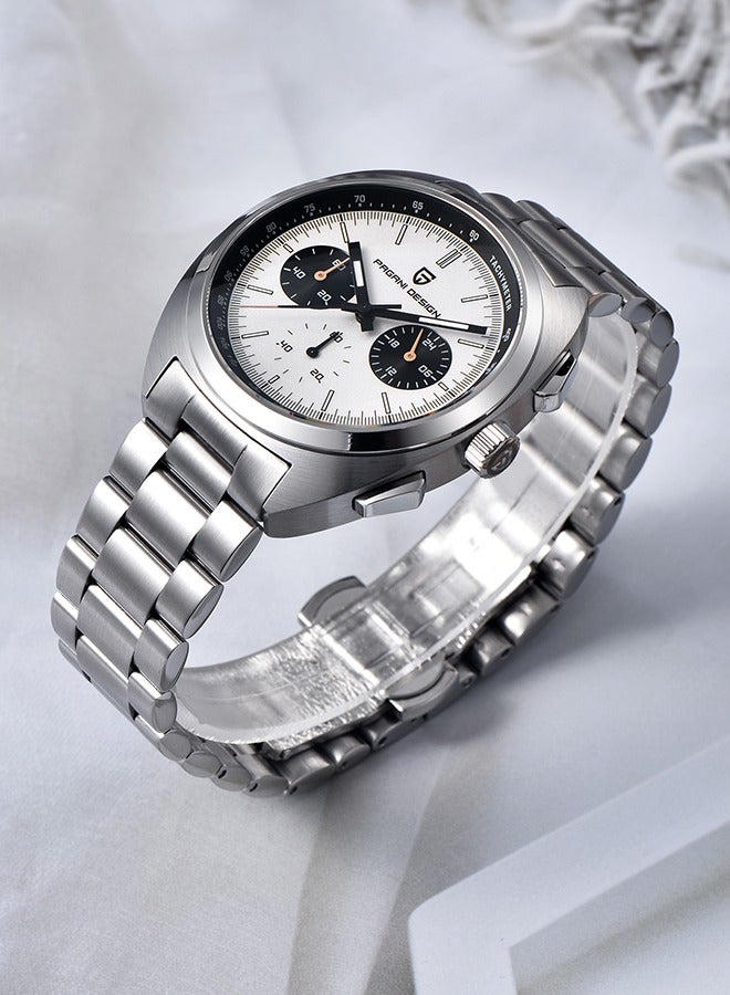 Men's Watch Casual Analog Men's Watch Chronograph VK63 Movement Sapphire Mirror 100M Water Resistant Stainless Steel Watch-White Steel