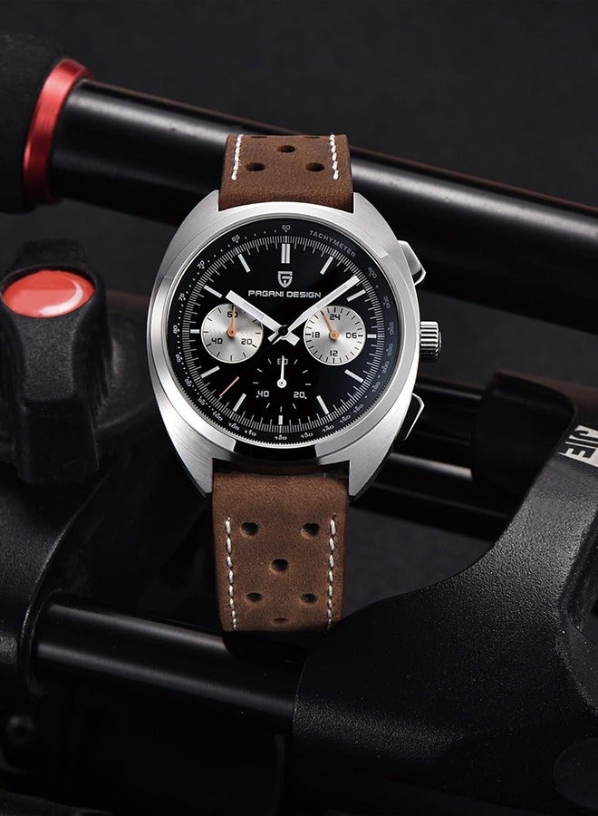 Men's Watch Casual Analog Men's Watch Chronograph VK63 Movement Sapphire Mirror 100M Water Resistant Stainless Steel Watch-Black Leather