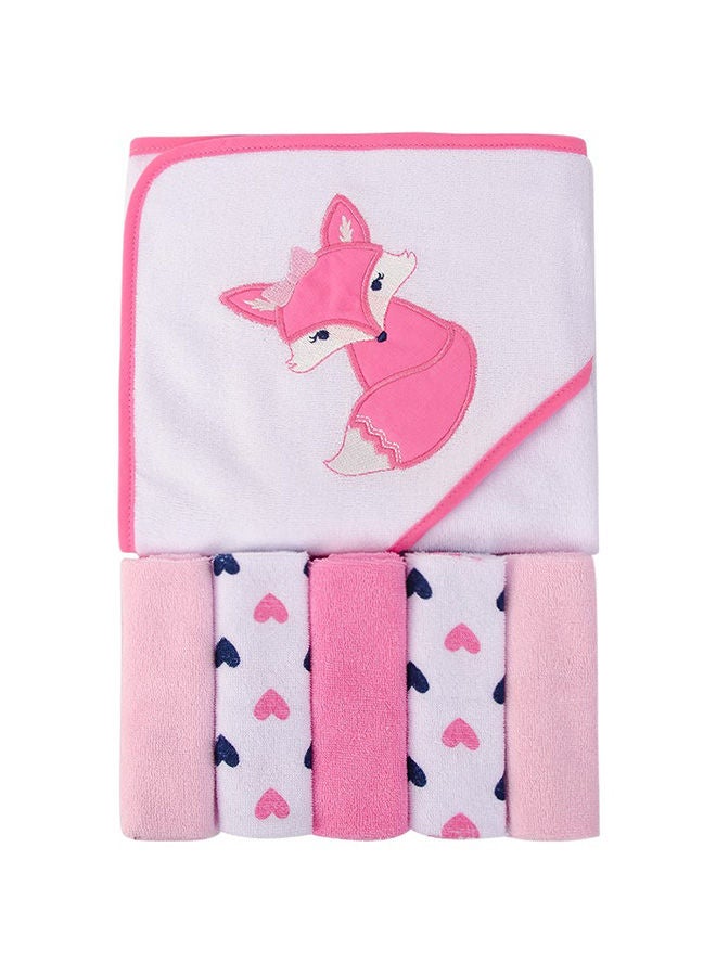 Hooded Towel And Washcloths 5 Piece Knit Terry Pink Fox