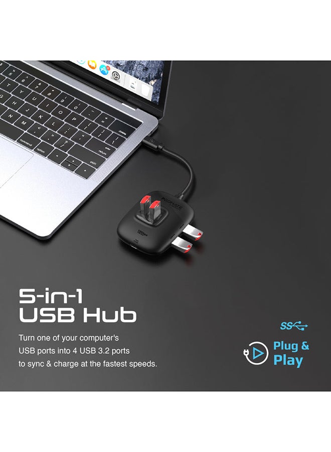 USB-C To USB Hub Premium Multiport With Removable USB-A Adapter 10Gbps Sync Charge USB 3.2 Ports 100W Type-C Power Delivery Black