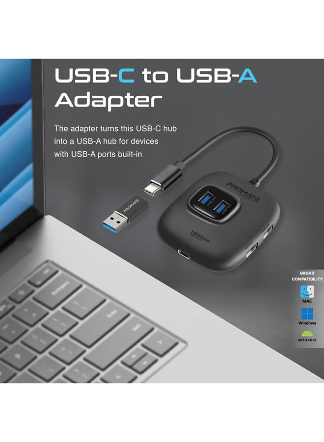 USB-C To USB Hub Premium Multiport With Removable USB-A Adapter 10Gbps Sync Charge USB 3.2 Ports 100W Type-C Power Delivery Black