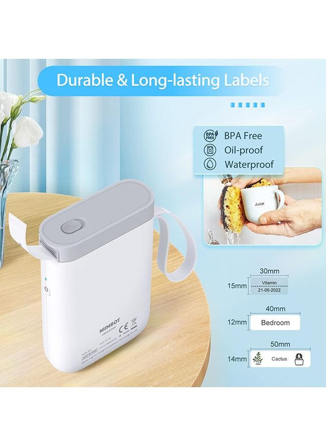 D11 Portable Bluetooth Sticker Label Printer with 1 Roll 12*40mm White Tape, USB Rechargeable, Inkless Thermal Label Maker with 10-15mm Print Width, Ideal for Home and Small Business Supplies, White