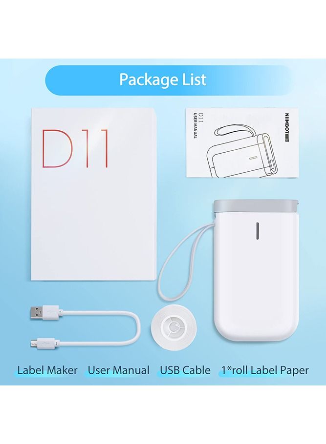 D11 Portable Bluetooth Sticker Label Printer with 1 Roll 12*40mm White Tape, USB Rechargeable, Inkless Thermal Label Maker with 10-15mm Print Width, Ideal for Home and Small Business Supplies, White