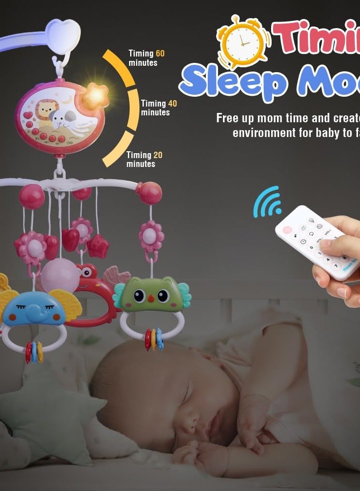 Baby Crib Mobile with Music and Lights,360°Rotation Remote Control Musical Mobile for Crib with 400 Lullabies,Projection Night Light and Chewable Rattle Toy