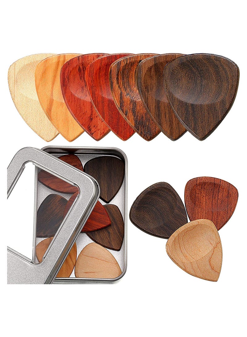 10Pcs Guitar Picks Exotic Wood Guitar Picks 1 Guitar Picks Box Wooden Guitar Plectrums in African Red Sandalwood Olive Wood Rosewood Maple Ebony Golden Sandalwood for Guitar