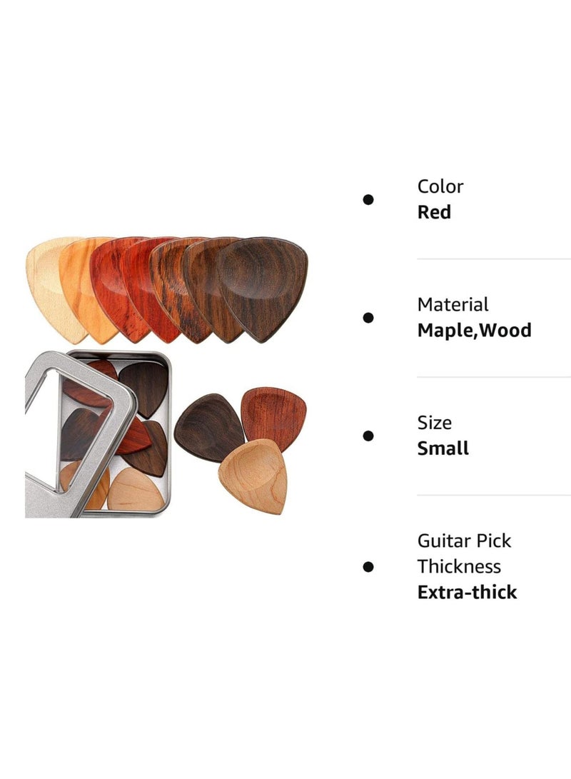 10Pcs Guitar Picks Exotic Wood Guitar Picks 1 Guitar Picks Box Wooden Guitar Plectrums in African Red Sandalwood Olive Wood Rosewood Maple Ebony Golden Sandalwood for Guitar