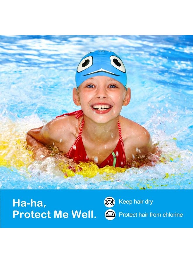 Swimming Cap For Kids Cute Waterproof Soft Silicone Swim Cap Cartoon Style High Elastic Swimming Hat For Boys & Girls Bathing Cap For Children Blue Fish