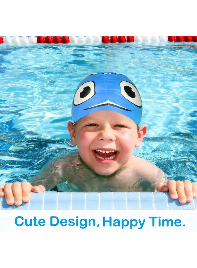 Swimming Cap For Kids Cute Waterproof Soft Silicone Swim Cap Cartoon Style High Elastic Swimming Hat For Boys & Girls Bathing Cap For Children Blue Fish