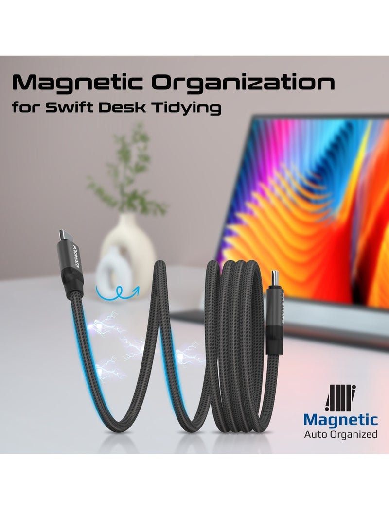 USB-C™ to USB-C™ Premium Magnetic Self-Organizing Cable with 60W Power Delivery and 120cm Durable Nylon Braided Sync and Charge Cable, Reversible Connectors, Thick Copper Core, Springy Black