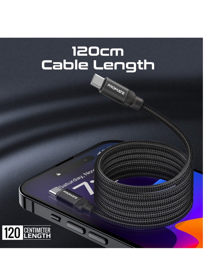 USB-C™ to USB-C™ Premium Magnetic Self-Organizing Cable with 60W Power Delivery and 120cm Durable Nylon Braided Sync and Charge Cable, Reversible Connectors, Thick Copper Core, Springy Black