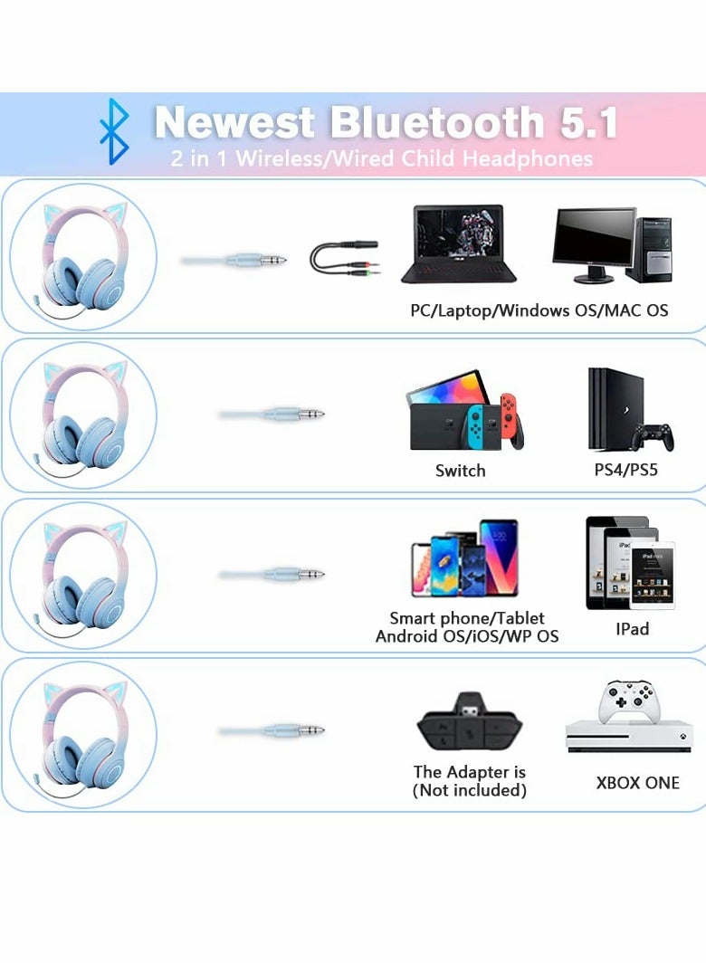 Cat Ear Kids Bluetooth Headphones for Girls for School Wired Gaming Headset with Microphone Jack Adjustable Headband Teens Toddlers Wireless Earphones for Tablet or PC