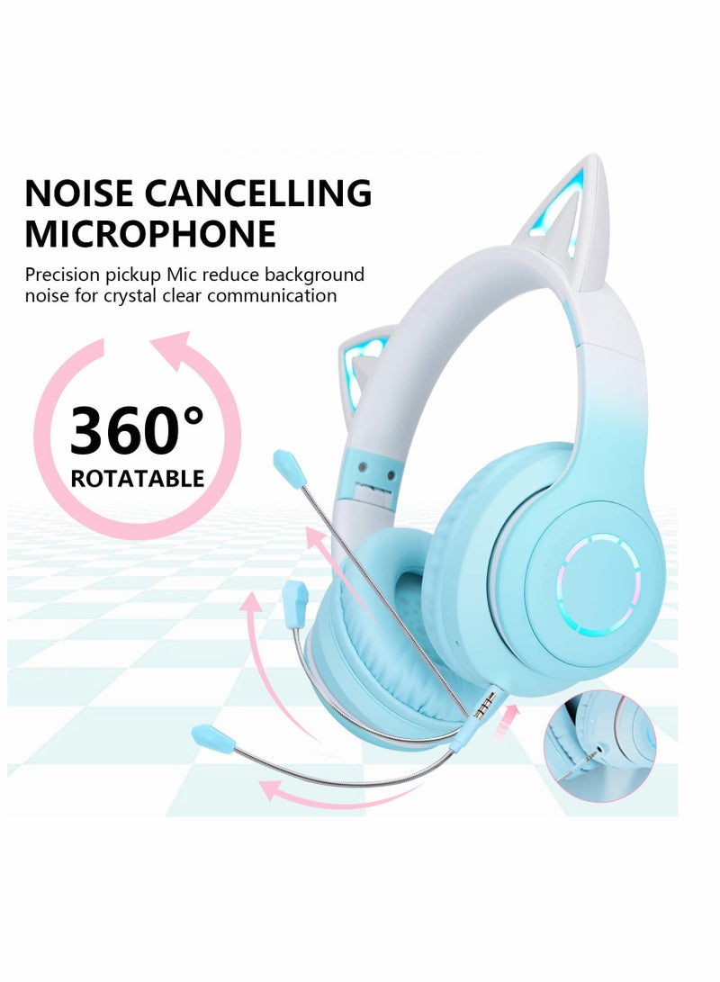 Cat Ear Kids Bluetooth Headphones for Girls for School Wired Gaming Headset with Microphone Jack Adjustable Headband Teens Toddlers Wireless Earphones for Tablet or PC