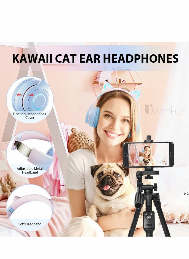 Cat Ear Kids Bluetooth Headphones for Girls for School Wired Gaming Headset with Microphone Jack Adjustable Headband Teens Toddlers Wireless Earphones for Tablet or PC