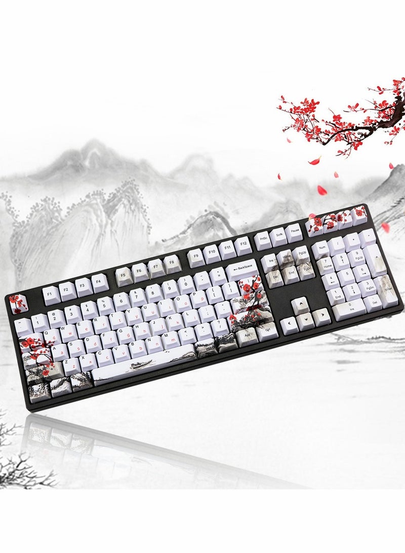 Rubber Keycaps Set, 110 Keys PBT Keycap, Anti-Slip Texture Dye-Sublimation Plum Blossom Cherry Profile Key Cap, DIY Mechanical Keyboard Keycap Set for Mechanical Keyboard