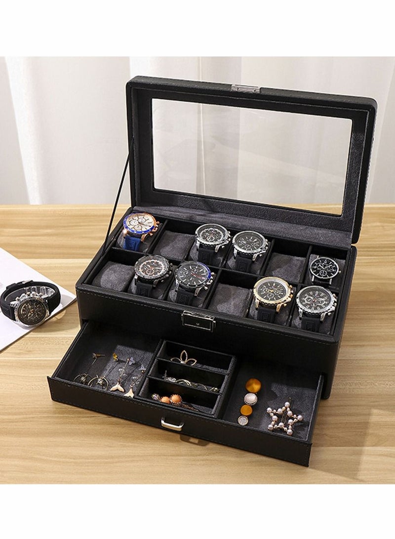 2-Layer Watch Box 12 Slots PU Leather Case Organizer with Jewelry Drawer for Storage and Display