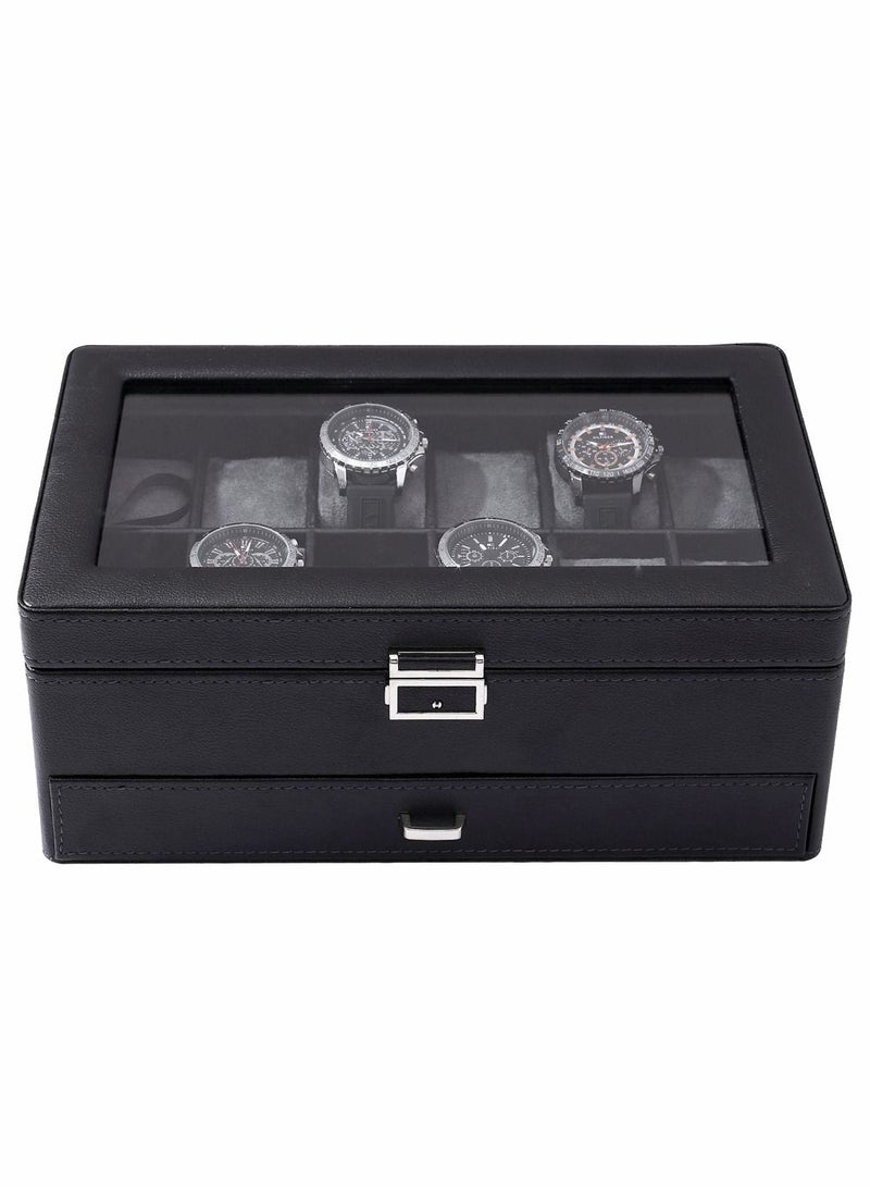 2-Layer Watch Box 12 Slots PU Leather Case Organizer with Jewelry Drawer for Storage and Display