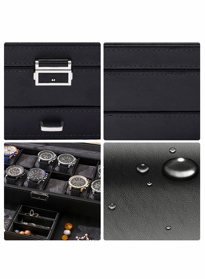 2-Layer Watch Box 12 Slots PU Leather Case Organizer with Jewelry Drawer for Storage and Display