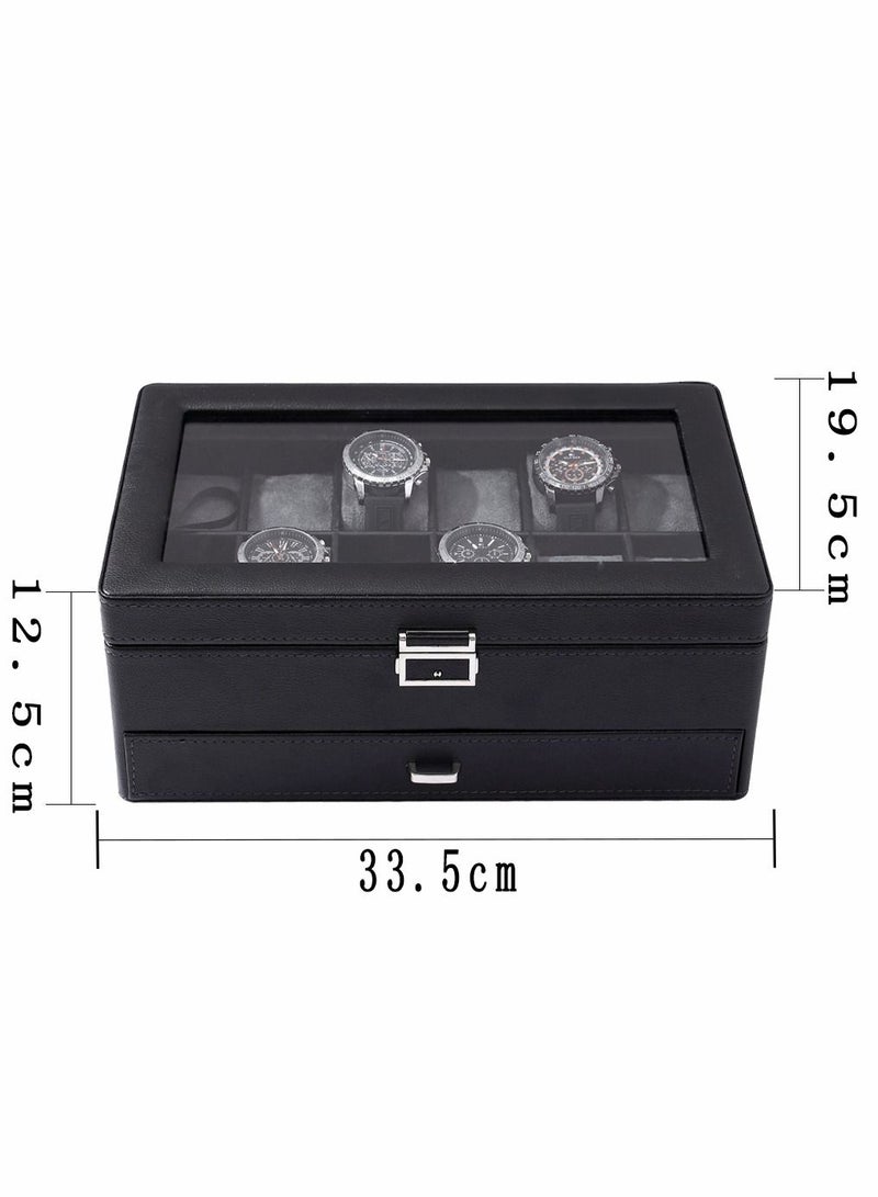 2-Layer Watch Box 12 Slots PU Leather Case Organizer with Jewelry Drawer for Storage and Display