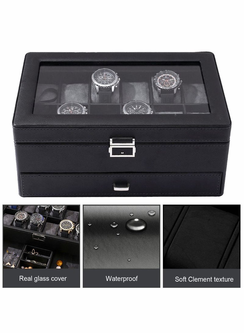 2-Layer Watch Box 12 Slots PU Leather Case Organizer with Jewelry Drawer for Storage and Display