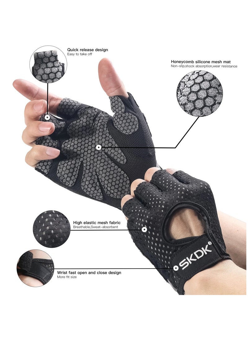 Breathable Exercise Gloves, Flexible Anti Slip Weight Lifting Gloves With Shock Absorbing Foam Pad Palm, Hollow Silicone Palm Training Gloves For Cycling, Bodybuilding, Gym Workout, (Size L, Black)