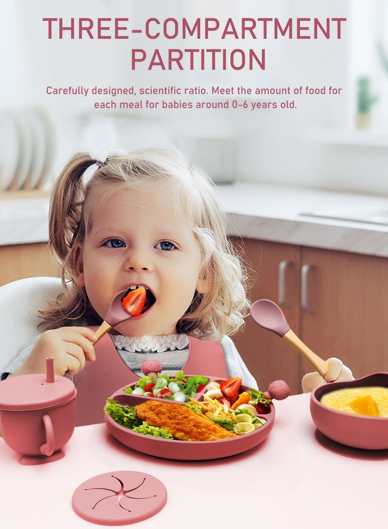 Silicone Baby Feeding Set with Gift Box, Adjustable Baby Bib Toddler Divider Plate Bowl Spoon Fork with Suction