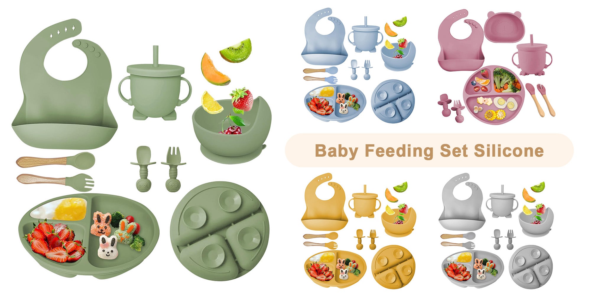 Silicone Baby Feeding Set with Gift Box, Adjustable Baby Bib Toddler Divider Plate Bowl Spoon Fork with Suction
