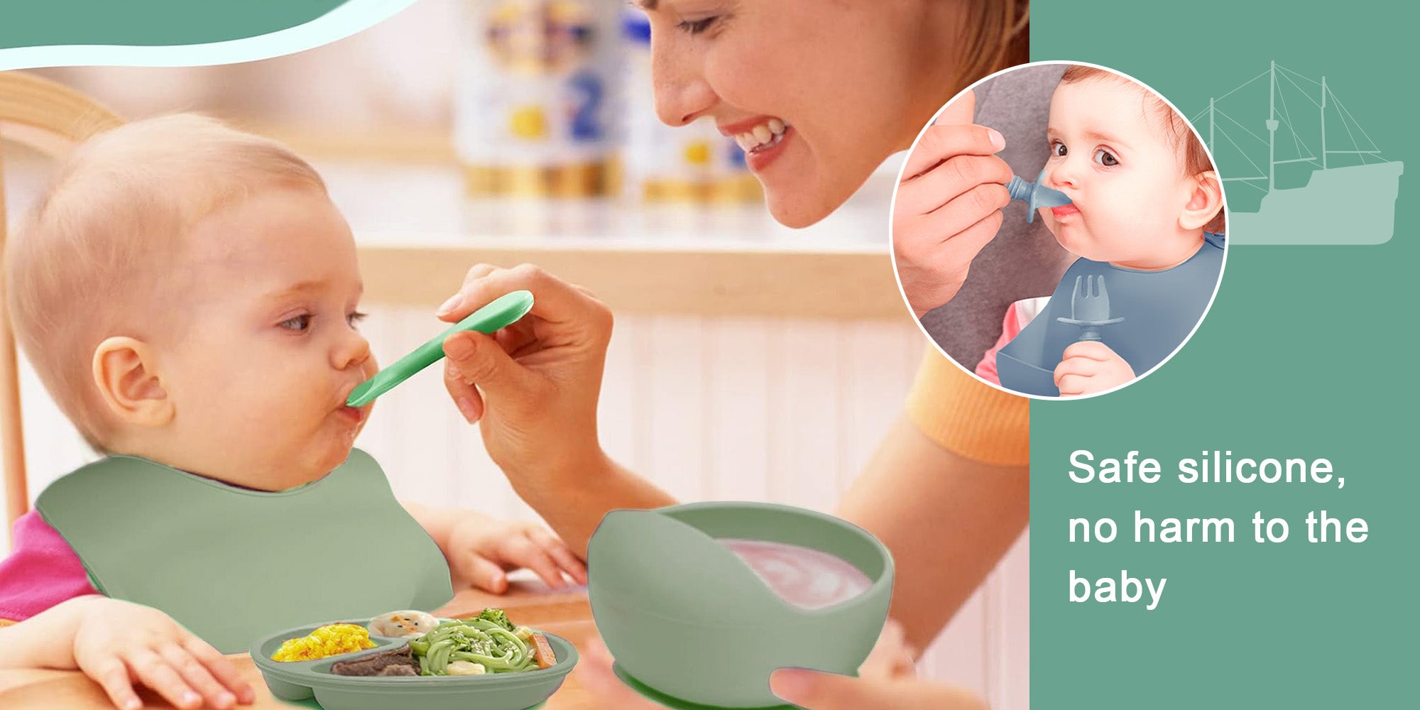 Silicone Baby Feeding Set with Gift Box, Adjustable Baby Bib Toddler Divider Plate Bowl Spoon Fork with Suction