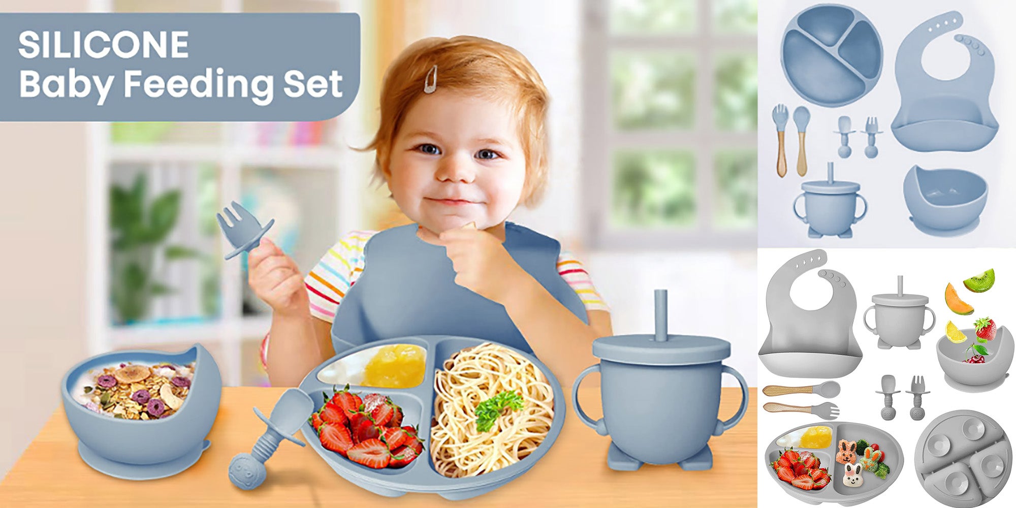 Silicone Baby Feeding Set with Gift Box, Adjustable Baby Bib Toddler Divider Plate Bowl Spoon Fork with Suction