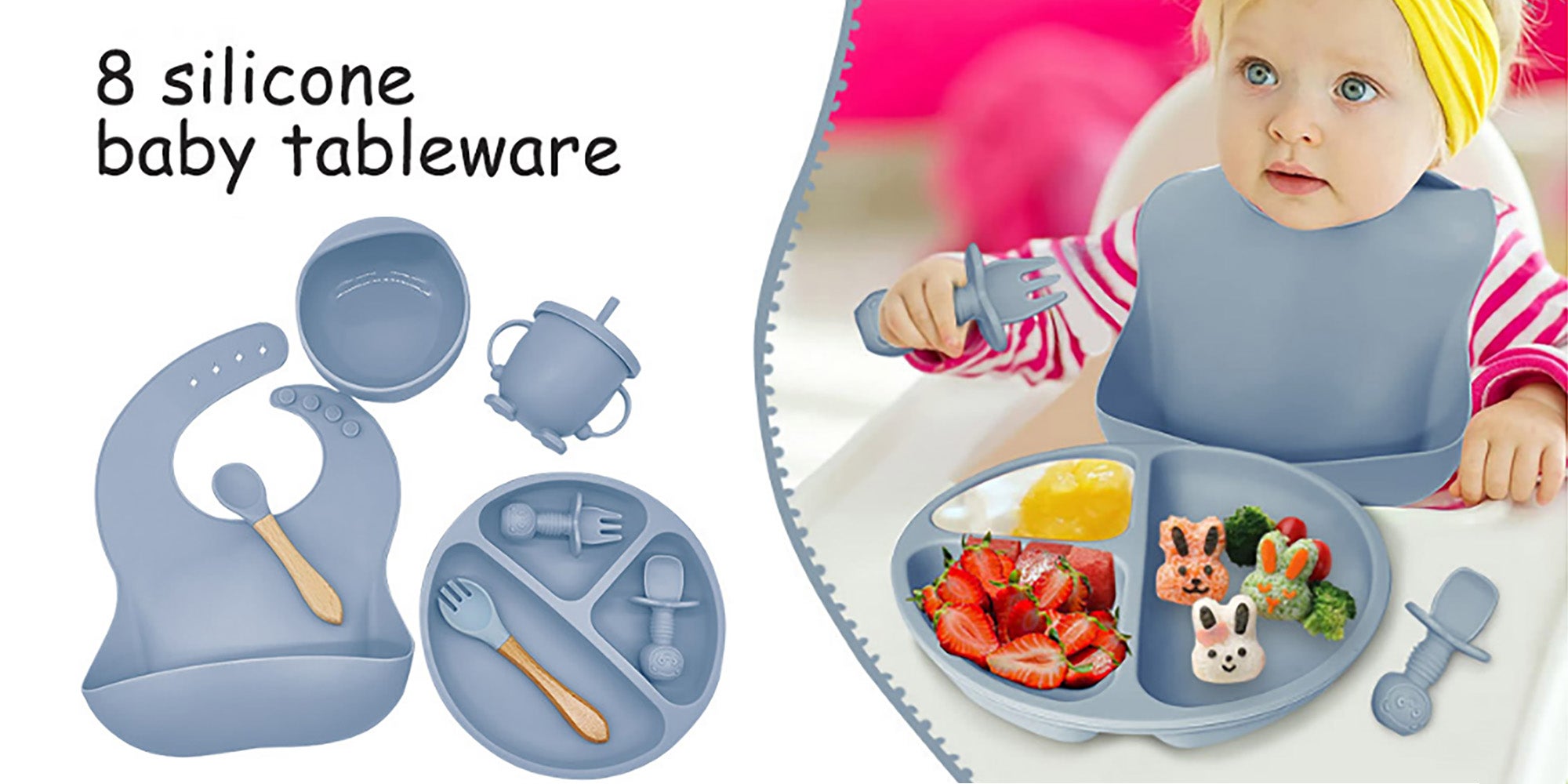 Silicone Baby Feeding Set with Gift Box, Adjustable Baby Bib Toddler Divider Plate Bowl Spoon Fork with Suction