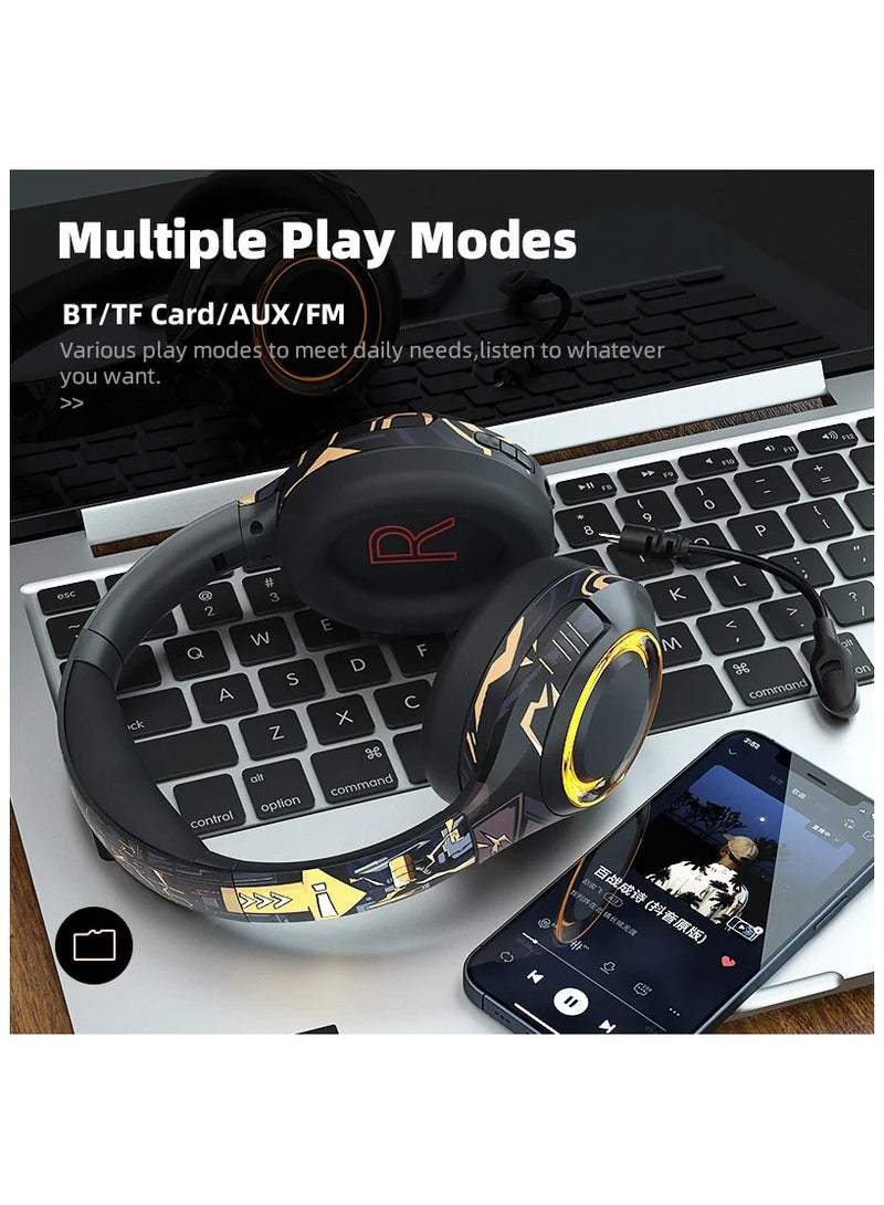 Gaming Headset  Wireless Bluetooth Headphones with Mic RGB Stereo Headset Supports TF Card FM Radio