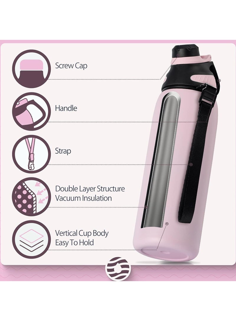 Stainless Steel Water Bottle 1L with Magnetic Lid, BPA Free Insulated Water Bottle, Sports Metal Water Bottle Hot&Cold Drinks Vacuum Flask Leak-Proof for Gym, Work, Travel