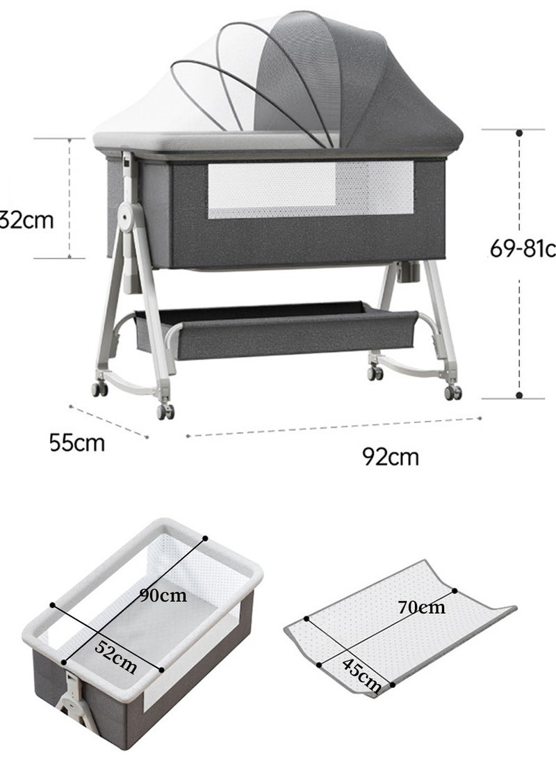 Baby Bedside Crib With Storage Basket, Folding Newborn Sleeper Bed, Bassinet ,Adjustable Height Mattress Swivel Wheels Mosquito Net