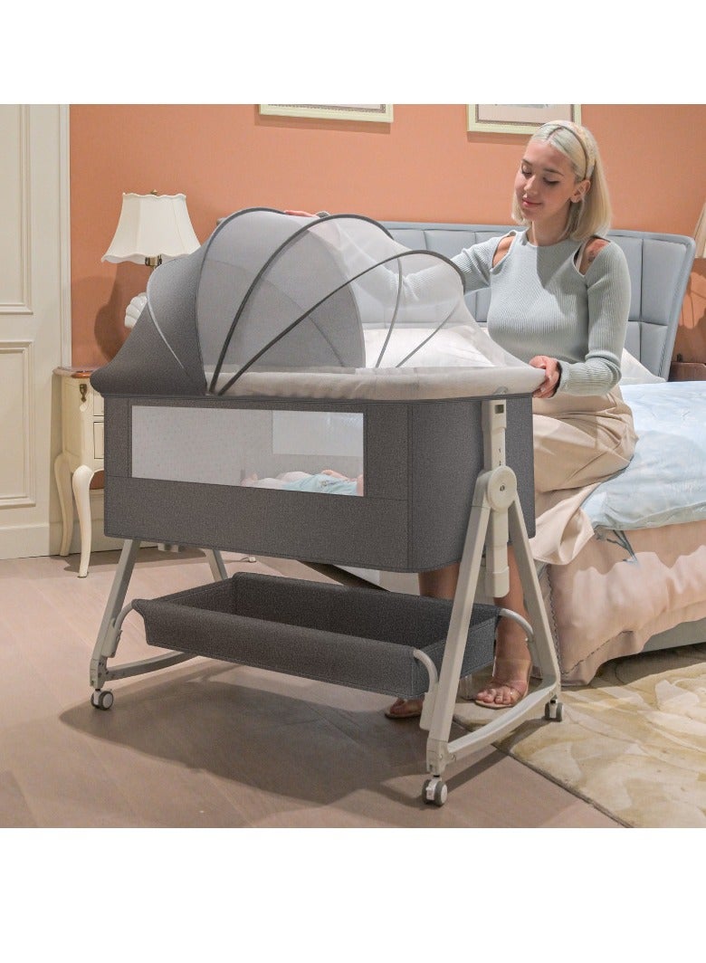 Baby Bedside Crib With Storage Basket, Folding Newborn Sleeper Bed, Bassinet ,Adjustable Height Mattress Swivel Wheels Mosquito Net