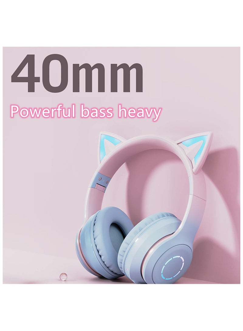 Kids Cat Ear Headphones Wireless Bluetooth Headphones for Girls, RGB Backlight LED Light Child Headset with Detachable Microphone, HD Stereo Gaming Anchor Headphone Music Headset for Boys Girls Gift