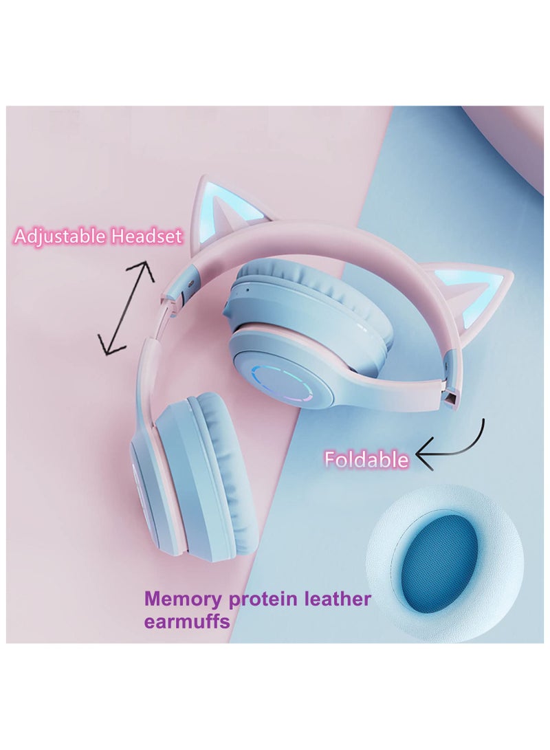 Kids Cat Ear Headphones Wireless Bluetooth Headphones for Girls, RGB Backlight LED Light Child Headset with Detachable Microphone, HD Stereo Gaming Anchor Headphone Music Headset for Boys Girls Gift