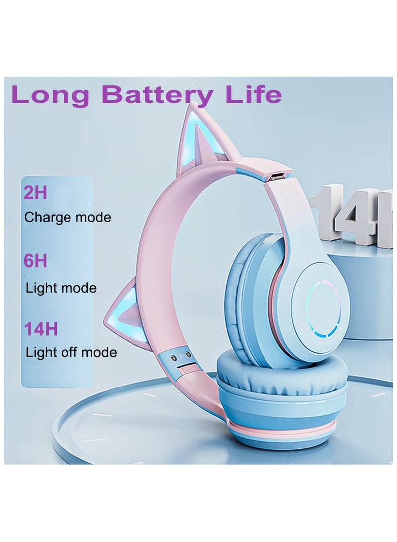 Kids Cat Ear Headphones Wireless Bluetooth Headphones for Girls, RGB Backlight LED Light Child Headset with Detachable Microphone, HD Stereo Gaming Anchor Headphone Music Headset for Boys Girls Gift