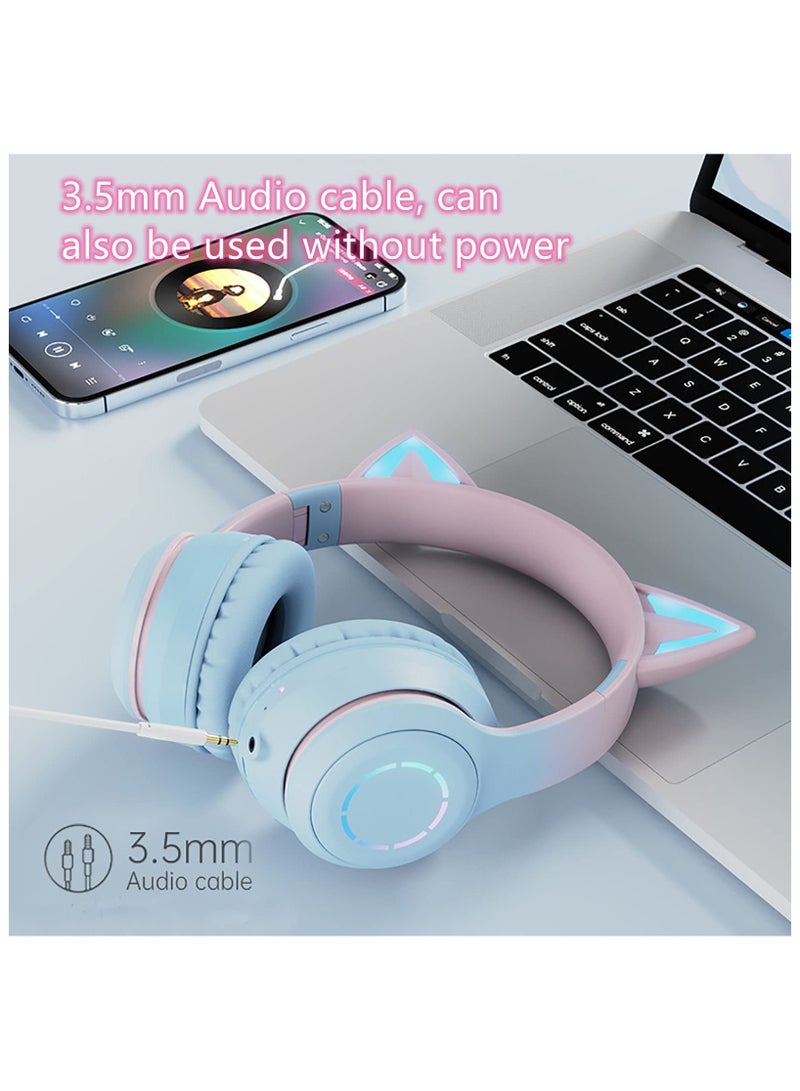 Kids Cat Ear Headphones Wireless Bluetooth Headphones for Girls, RGB Backlight LED Light Child Headset with Detachable Microphone, HD Stereo Gaming Anchor Headphone Music Headset for Boys Girls Gift