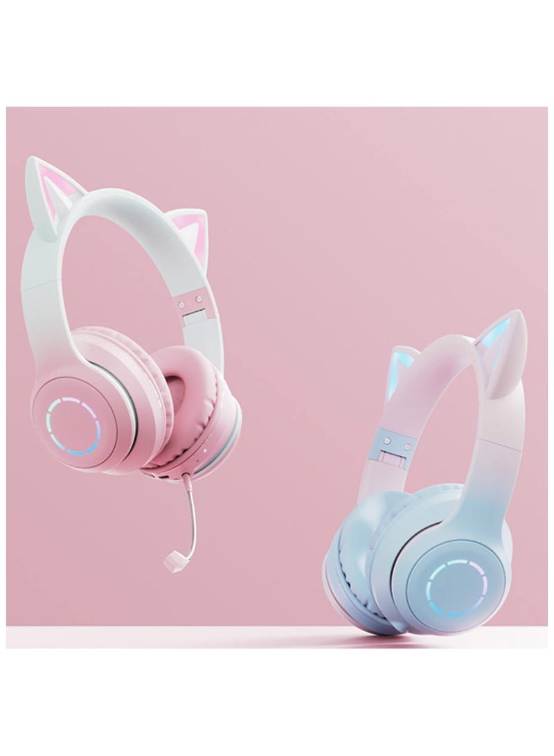 Kids Cat Ear Headphones Wireless Bluetooth Headphones for Girls, RGB Backlight LED Light Child Headset with Detachable Microphone, HD Stereo Gaming Anchor Headphone Music Headset for Boys Girls Gift