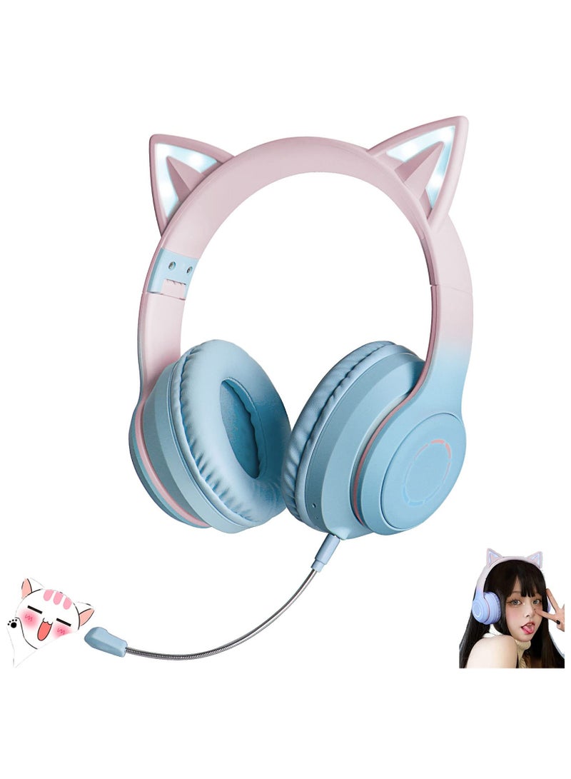 Kids Cat Ear Headphones Wireless Bluetooth Headphones for Girls, RGB Backlight LED Light Child Headset with Detachable Microphone, HD Stereo Gaming Anchor Headphone Music Headset for Boys Girls Gift