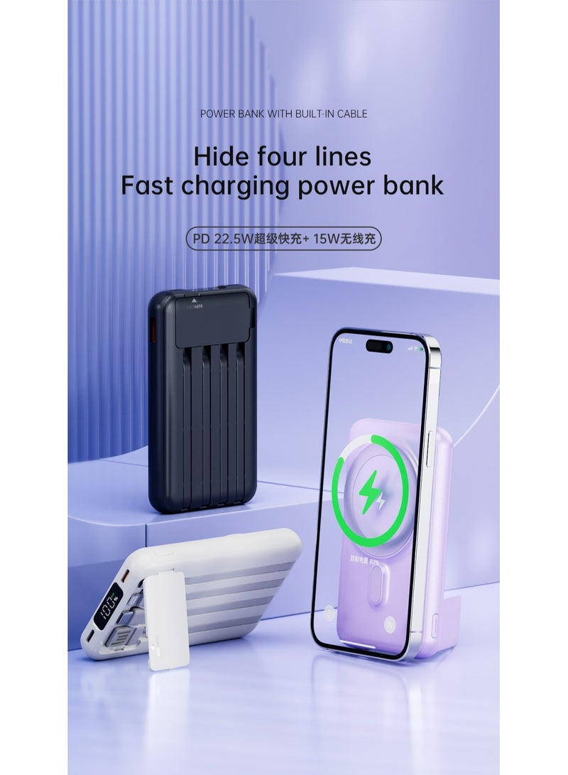 Fast Charging Magnetic Wireless Power Bank with 22.5w Built-in Cable Portable Super Fast Charging Mobile Power Supply 10000 mAh White