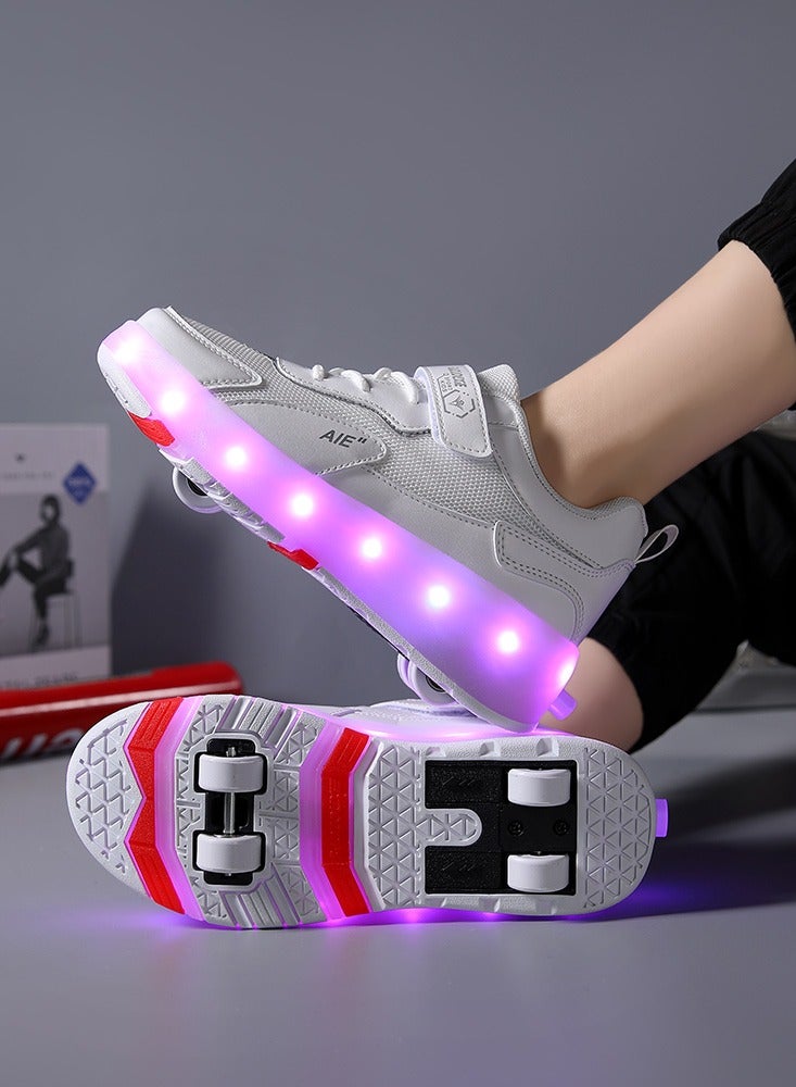 4 Wheels LED Flashing Wheeled Low Top Sneakers White