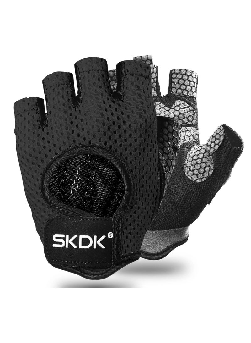 Breathable Exercise Gloves, Flexible Anti Slip Weight Lifting Gloves With Shock Absorbing Foam Pad Palm, Hollow Silicone Palm Training Gloves For Cycling, Bodybuilding, Gym Workout, (Size L, Black)