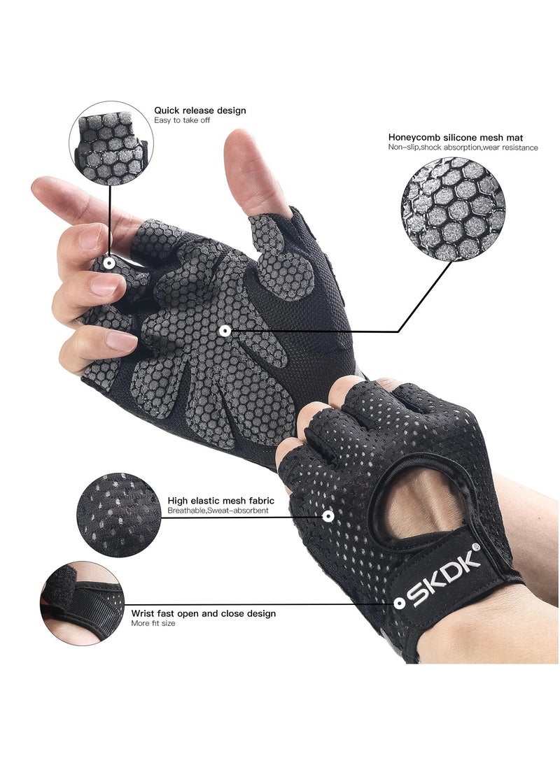 Breathable Exercise Gloves, Flexible Anti Slip Weight Lifting Gloves With Shock Absorbing Foam Pad Palm, Hollow Silicone Palm Training Gloves For Cycling, Bodybuilding, Gym Workout, (Size M, Black)