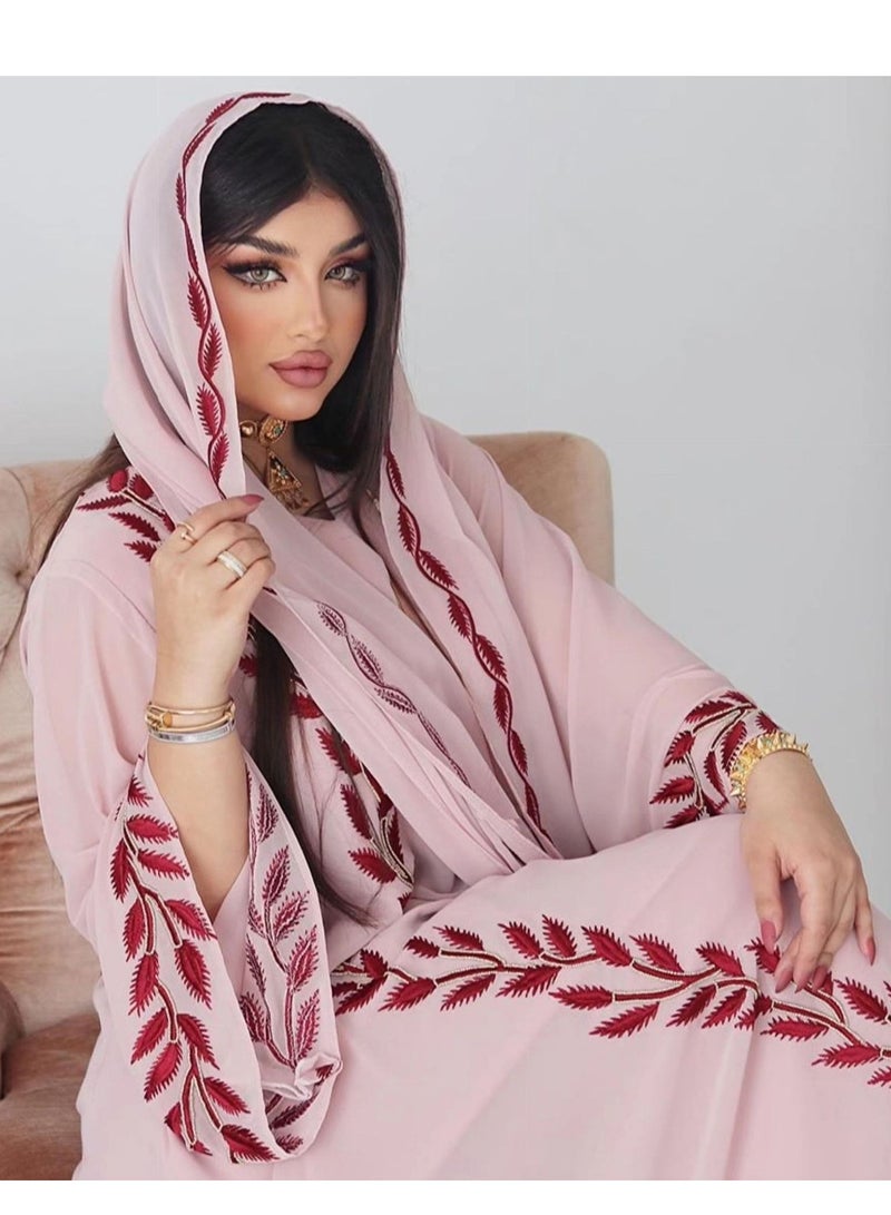 Fashion Chiffon Floral Embroidered Abaya With Hijab Pink Color